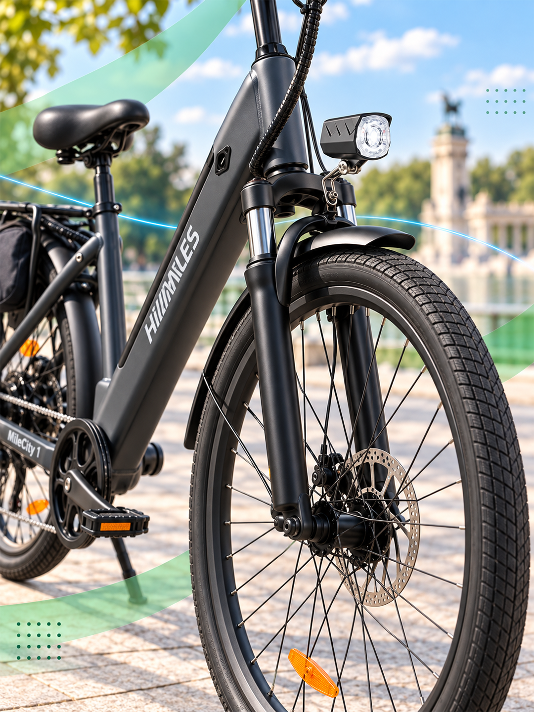 Detalle frontal de la bicicleta eléctrica HillMiles MileCity 1