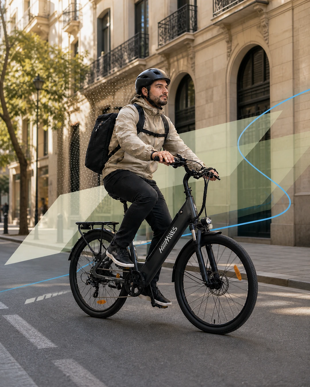 Rider en una bicicleta Xmovility circulando por Madrid